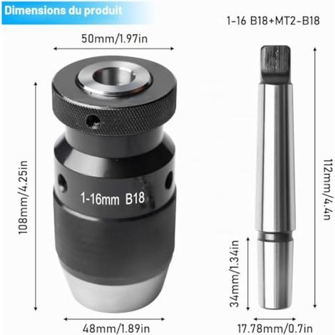 Mandrin auto-serrant B18 (1-16 mm) avec mandrin conique MK2/MT2, mini mandrin de précision MK2/MT2, rabats d'extraction pour tour, perceuse, tour (1/4)