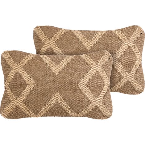 Conjunto de 2 cojines patrón geométrico tapizado de yute y lana 30 x 50 cm marrón claro y beige Gopi (1/5)