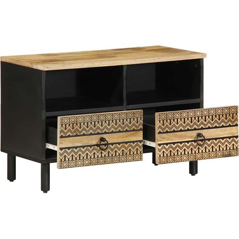 Meuble TV Banc TV Meuble de rangement - noir 70x33,5x46 cm bois massif manguier brut fr2567 - Maison La Vie