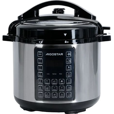 Aigostar Pentola Pressione Elettrica 1000W 6L 17 Menù Timer 24h Acciaio Inox Nero