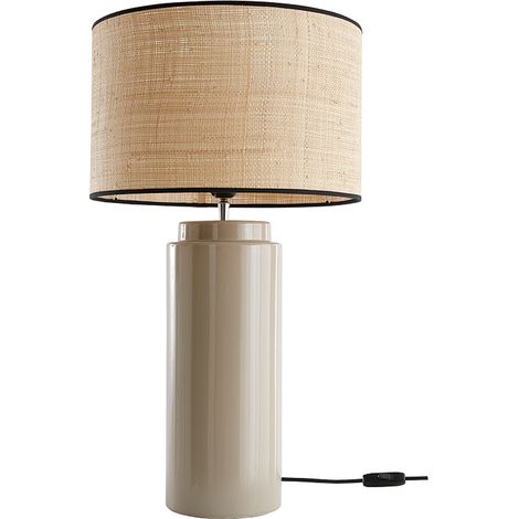 Tischleuchte aus emaillierter Keramik in Beige mit Lampenschirm aus Bast MAJES