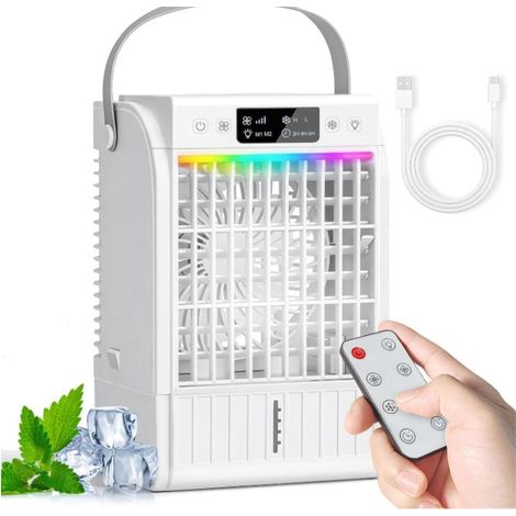 Mini Climatiseur Portable 4 en 1, Petite Clim avec Télécommande, 4 Vitesses, 2 Modes de Brume, 1500 ml, Minuterie 1/2/3 H, 7 LED Couleur, USB, Ventilateur Brumisateur pour Chambre Coucher