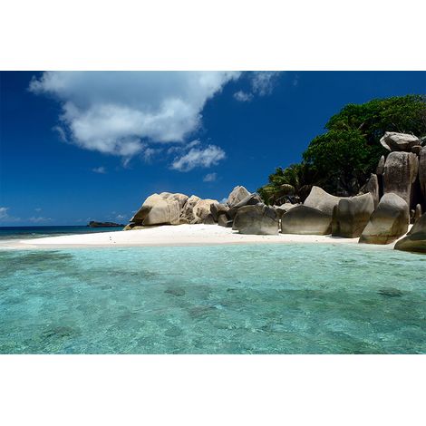 Papier peint panoramique bleu Seychelles Tapisserie panoramique plage pour salon Papier peint panoramique mer nature (1/2)