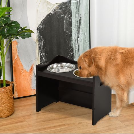 Comedero elevado ajustable para perros y gatos con cuencos de acero inoxidable, MDF, marrón oscuro (1/5)