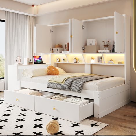 Multifunktionsbett 235x95x160 cm, mit integriertem Schreibtisch, LED Beleuchtung, viel Stauraum, MDF, Weiß (1/5)