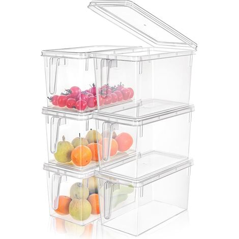 6.5L6 Boîte Conservation Alimentaire en Plastique, Conteneur Alimentaire, Boîte de Rangement, Récipient de Congélateur avec Poignée et Couvercle, Empilable, Sans BPA, Clair, 6.5L-Lot de 6 (1/5)