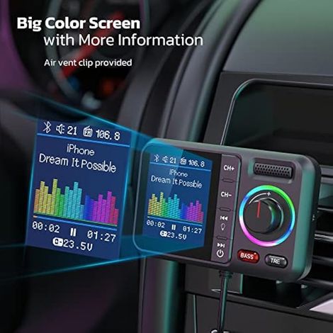 Bluetooth-Kfz-Adapter mit FM-Transmitter, Bluetooth V5.0, großem Display, kompatibel mit Freisprecheinrichtung, Siri und Google Assistant, MP3-Wiedergabe, Subwoofer und TRE-Erweiterung, TF-/AUX-Karten