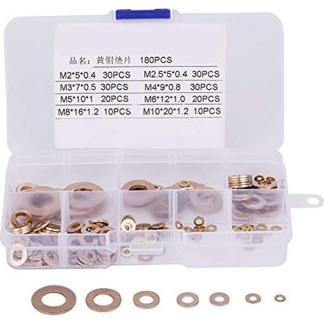180-teiliges Messing-Unterlegscheiben-Sortiment mit Box M2 / M2,5 / M3 / M4 / M5 / M6 / M8 / M10 Metall-Unterlegscheiben (1/5)