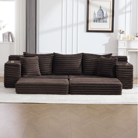 Divano letto 273x98x87 cm caffè in velluto a coste con schienale alto, tasche laterali e portabicchieri (1/5)