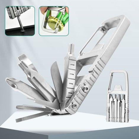 Portachiavi multiutensile, set combinato multiutensile pieghevole 12 in 1 con punta rotante, apribottiglie e attrezzo da esterno in acciaio inossidabile. (1/5)
