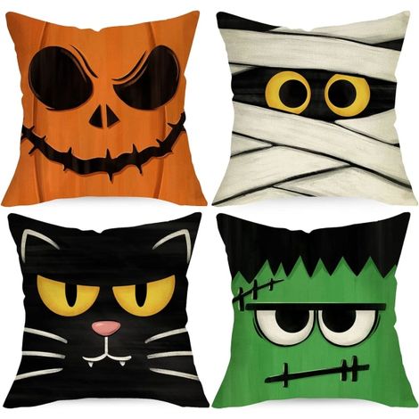 Taies d'oreiller décoratives Halloween Jack O Lantern 45 x 45 cm, lot de 4, motif momie effrayante et chat noir, par Fran.kens-tein. (1/5)