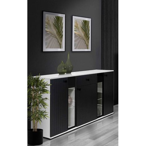 FURNIX buffet SARAI tiroir 3 portes LED buffet portes en verre 140 cm blanc noir (1/5)