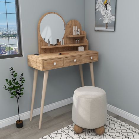 Toilette Larino, Mueble de Tocador con Espejo, 3 Cajones, Estante Marrón, 74x35x131h cm Roble Marrón (1/5)