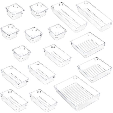 Ensemble de 16 boîtes de rangement transparentes en plastique pour cosmétiques de bureau, avec tiroirs. (1/5)