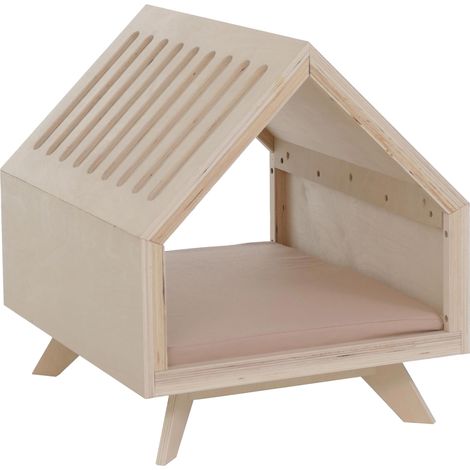Schlafhütte HHG-801, für Haustiere Katzen-/Hundebett Tierhaus Holz MVG 58x50x60cm natur, Kissen beige (1/5)