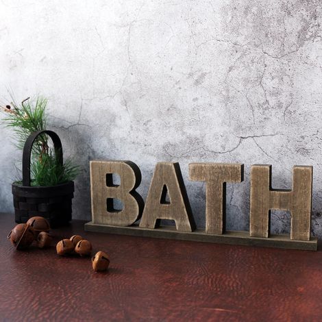 Signe de Mots en Bois Vintage Rustique Bath, décoration de Salle de Bain/Mur à la Maison/Porte (Naturel 1) (1/4)