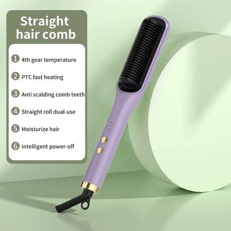 Brosse lissante électrique 2 en 1 : chauffe rapide PTC et conception anti-brûlure pour tous types de cheveux (violette) (1/4)