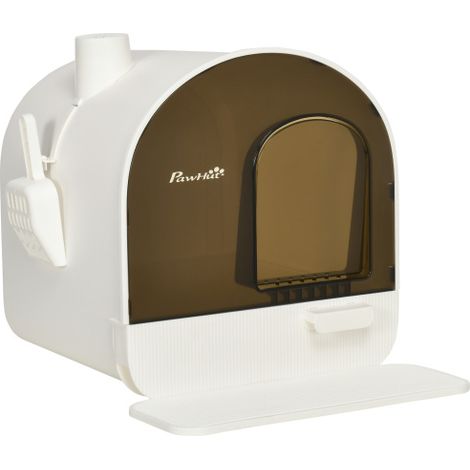 Lettiera con coperchio, adatta a gatti di peso non superiore a 5 kg. Completa di coperchio e tappetino assorbente. Realizzata in plastica bianca. Dimensioni: 43x44x47 cm. Disponibile per l'acquisto in (1/5)