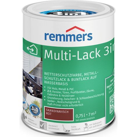 Remmers Multi-Lack 3in1 skandinavisch rot, 0,75 Liter, Wetterschutzfarbe, Metallschutzlack & Buntlack auf Wasserbasis für Holz, Metall & PVC