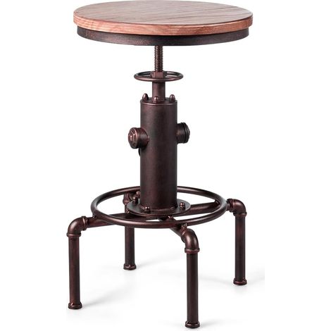 Costway – Tabouret de bar industriel vintage réglable 60-75cm – Siège en pin naturel – Repose-pied ergonomique – Capacité 150kg – Siège rond à 360°
