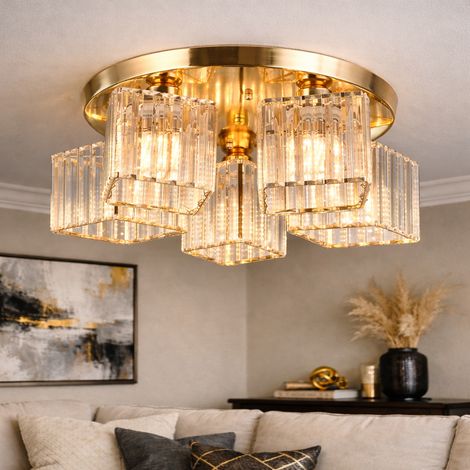 Lustre Classique Moderne 5XE27 Metal et Cristal Dore Abat Jour (1/5)