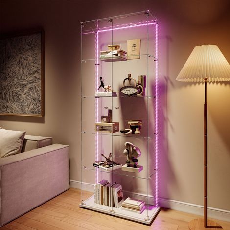 Vitrine en verre blanche, éclairage LED, 5 étagères verre, 2 portes vitrées avec serrure de sécurité, idéale salon, chambre et bureau (1/5)
