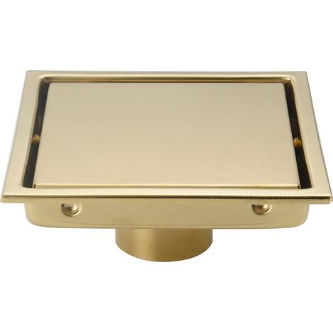 Bonde de douche carrée en acier inoxydable SUS304, finition or brossé, 15 cm, avec grille amovible et insert carrelé dissimulé. (1/4)