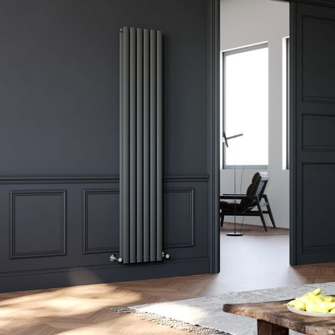 ELEGANT Vertical Column Designer Radiator Anthracite Oval Double Panel Rad 1800 x 354mm + Angled Radiator Valves (1/5)