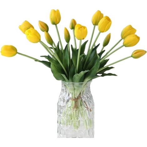 10 tulipes artificielles - Tiges de 40 cm - Bouquet en latex effet naturel pour mariage, fête, décoration intérieure (maison, cuisine, jardin) - Jaune (1/5)