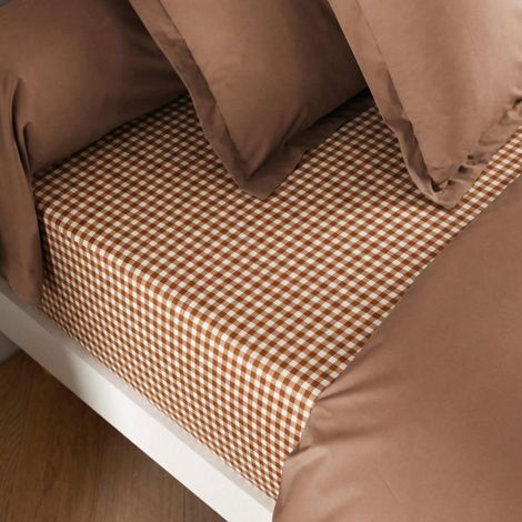 Drap housse 160x200 coton à carreaux marron Terre de Nuit Vichy