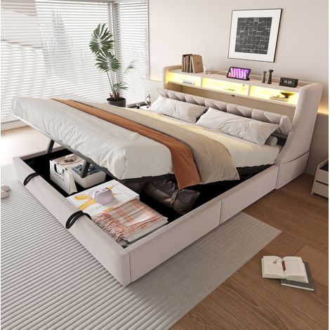 Cama tapizada 180x200 cm beige de terciopelo con almacenamiento hidráulico y LED (1/5)