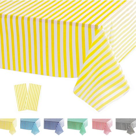 2 Pièces Nappes Jetables Rectangulaire, Nappe Anniversaire Nappes à Rayures Jaune et Blanches, 137x274cm Nappe Jetable Plastique Fete pour Picnic,Exterieur,Jardin,Automne,Noël,Mariage,Halloween (1/3)