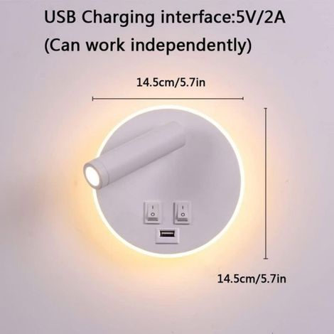 Lampe de chevet LED avec port de charge USB, applique murale d'intérieur, avec interrupteur, blanc 3 W + 8 W (USB rond) (1/5)