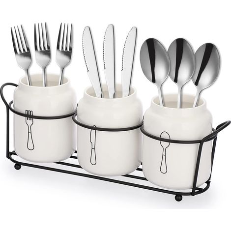 3 Pcs Ceramic Cutlery Holder Utensil Holder Metal Spoon Holder Worktop Organizer Kitchen Table Cabinet (1/5)