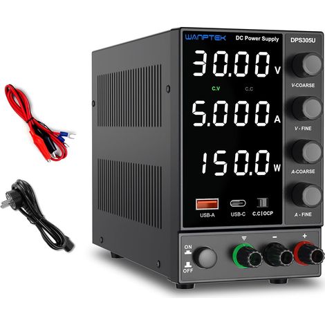 Alimentation de Laboratoire 30V 5A, Bloc d’Alimentation DC Réglable avec Écran LED 4 Chiffres, Ports USB-A/Type-C et Fonction OCP, Haute Précision (1/5)