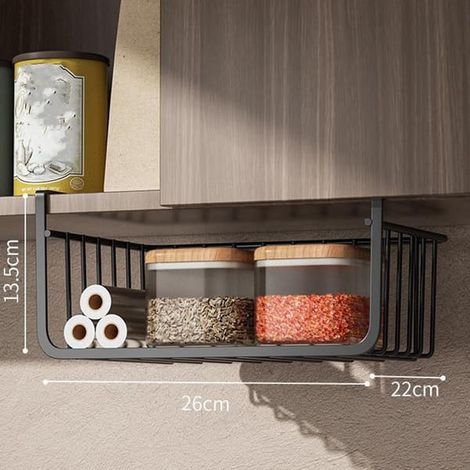 BelleRise - Panier de rangement sous étagère en métal, panier filaire pour cuisine, bureau, garde-manger ou bibliothèque, noir