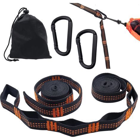 2 Pièces Sangle Hamac Arbre 2 m x 2.5 cm Fixation Hamac Sangles pour Hamacs avec 2 Mousquetons et Sac de Transport Portée de 300kg pour Extérieur Randonnée Camping Balançoire Siège Suspendu (1/5)