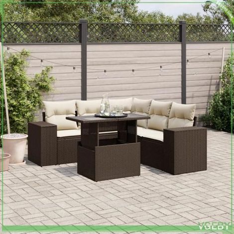 Salon de jardin - FAF7291712423901 - Résine tressée marron - Coussins déhoussables - Table dessus réglable (1/5)