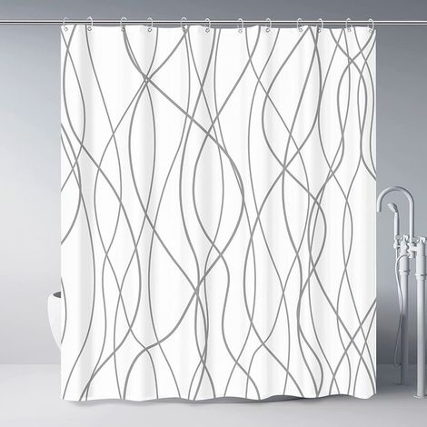 Rideau de douche en tissu rayé gris et blanc pour salle de bain avec 12 crochets, rideaux de douche pour salle de bain de 72 pouces de long, ourlet lesté, accessoires de bain imperméables style htel (1/5)