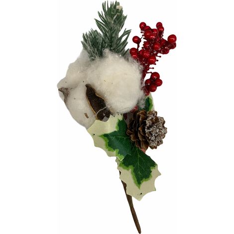 Spillone chiudi pacco 15cm con bacche, cotone e pigne addobbo per Alberi e Ghirlande natalizie (1/2)