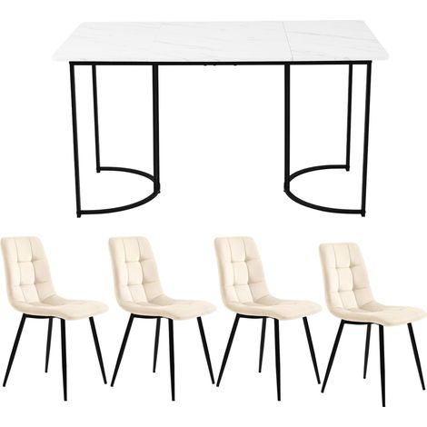Set tavolo da pranzo 5 pezzi 140 x 80 cm bianco con 4 sedie in velluto beige (1/5)