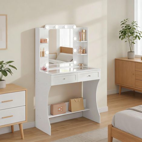 Toeletta con specchio, LED tricolore, 2 cassetti e 4 nicchie, bianco, 80x135x40 cm