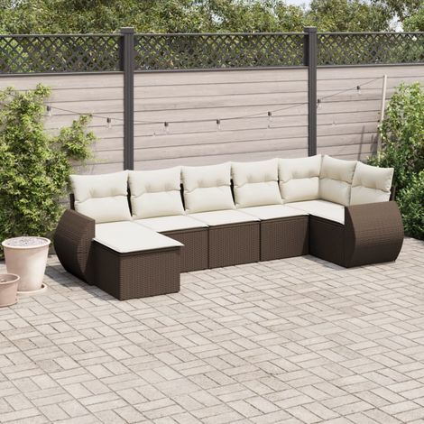 7-tlg. Garten-Sofagarnitur mit Kissen Braun Poly Rattan (1/3)