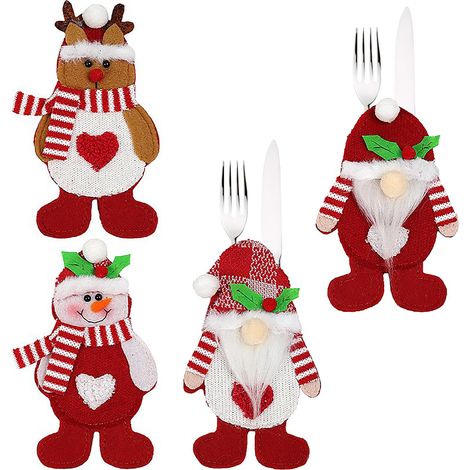 Ensemble de 4 porte-couverts de Noël, pochettes festives avec motifs Père Noël, bonhomme de neige et renne, idéales pour la décoration de table de Noël et l'organisation de la vaisselle de fête (1/5)