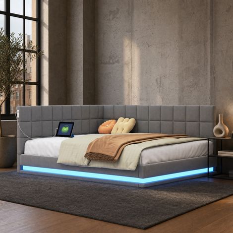 MODFU – Cama tipo banco para adultos 140x200 cm de lino, contrachapado y MDF con LED multicolor, USB, somier 12 lamas y carga 250 kg – Gris (1/5)