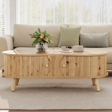 Table basse 108x50x37 cm naturel en MDF avec 2 portes coulissantes et pieds en bois massif (1/5)