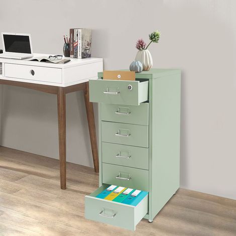 Classeur à 6 tiroirs avec serrure, classeurs métalliques pour bureau à domicile, classeur vertical, classeur à roulettes - Assemblage requis (vert) (1/5)