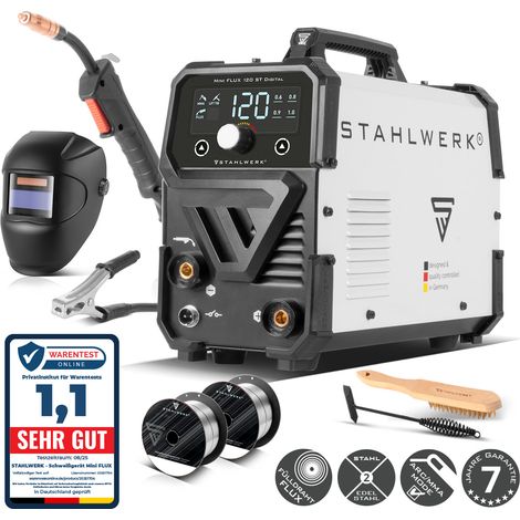 STAHLWERK Schweißgerät Mini FLUX 120 ST Digital – Vollausstattung – Fülldrahtschweißen (FLUX) ohne Schutzgas bis 120 A, synergischer Drahtvorschub, LED-Licht, Lift-TIG- & MMA-Funktion (E-Hand/ARC) (1/5)