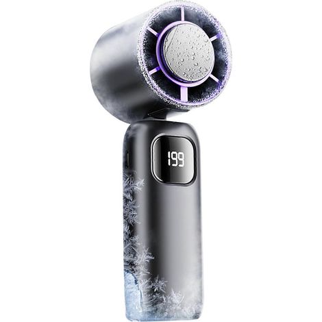 Ventilateur portable avec fonction glaçons, vitesse 1-199, autonomie 1800 mAh, rechargeable, pour intérieur et extérieur, gris (1/5)