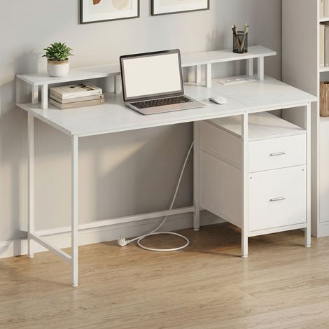 Bureau de Travail, Support d’Écran, Tiroirs en Tissu, Station de Charge, 140 x 60 cm, Blanc (1/5)
